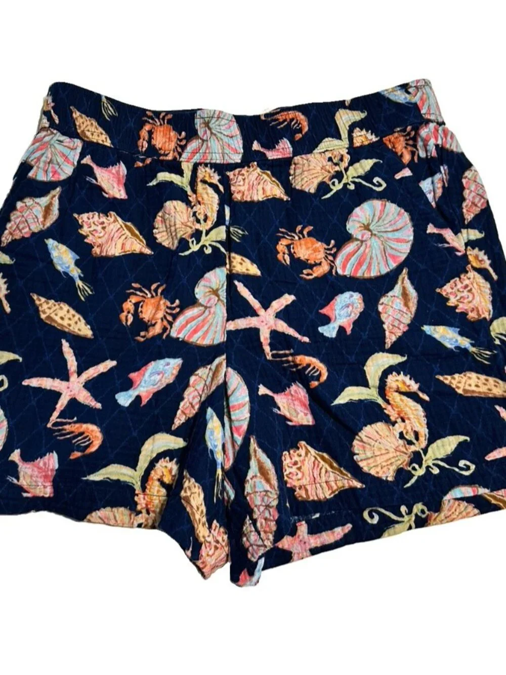 Talbots Medium Shorts Navy Seashell Beach Gauze Cotton Fish Cruise Vacation